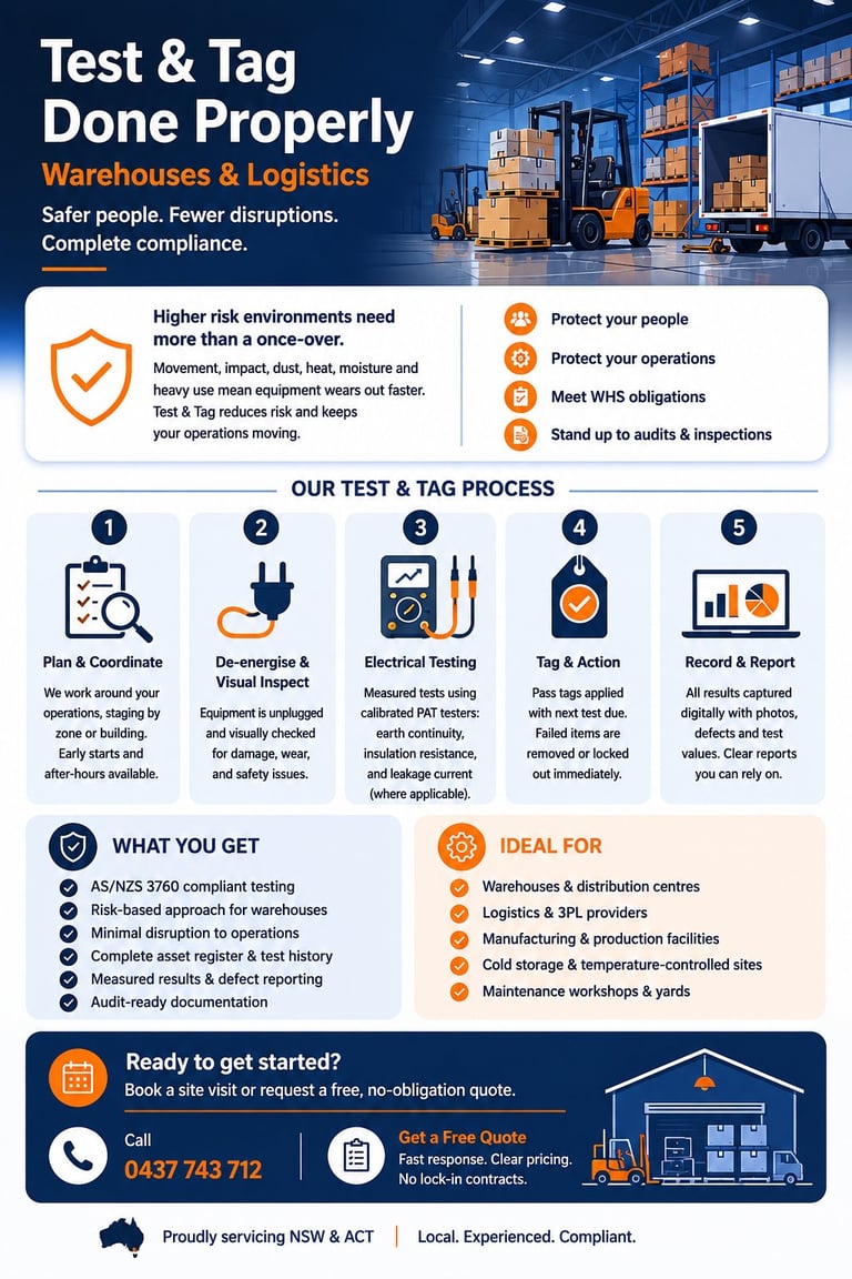 Test & Tag warehouse safety infographic showing 5-step testing process, equipment inspection benefits, and contact information for NSW & ACT logistics compliance services.
