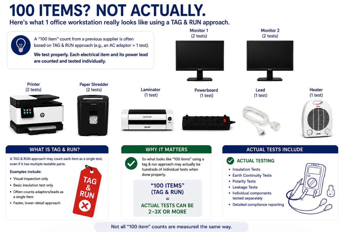 Infographic showing office workstation inventory assessment using TAG and RUN methodology, with 7 items displayed and explanation of testing approach