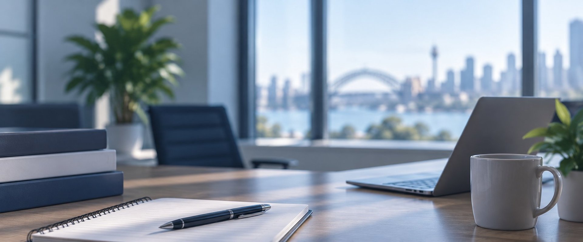 Modern office desk with laptop, notebook, pen, and coffee mug overlooking city skyline and harbor bridge