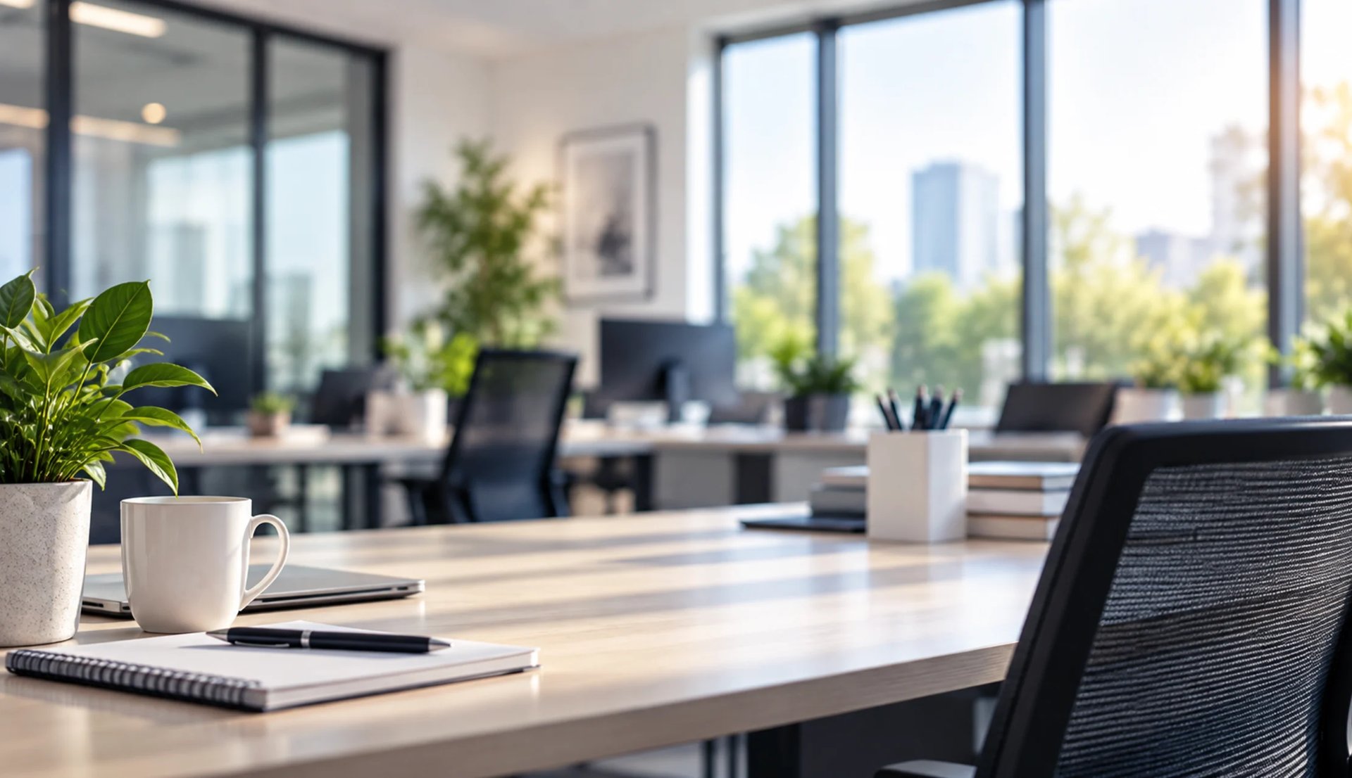 Modern office workspace with desk, computer, plants, and city skyline views through large windows