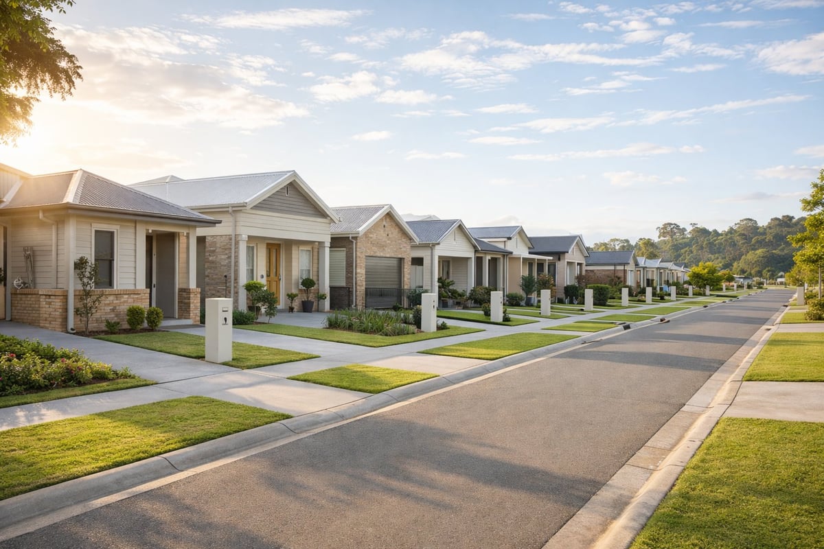 Row of modern suburban homes with manicured lawns lining a curved residential street at sunset