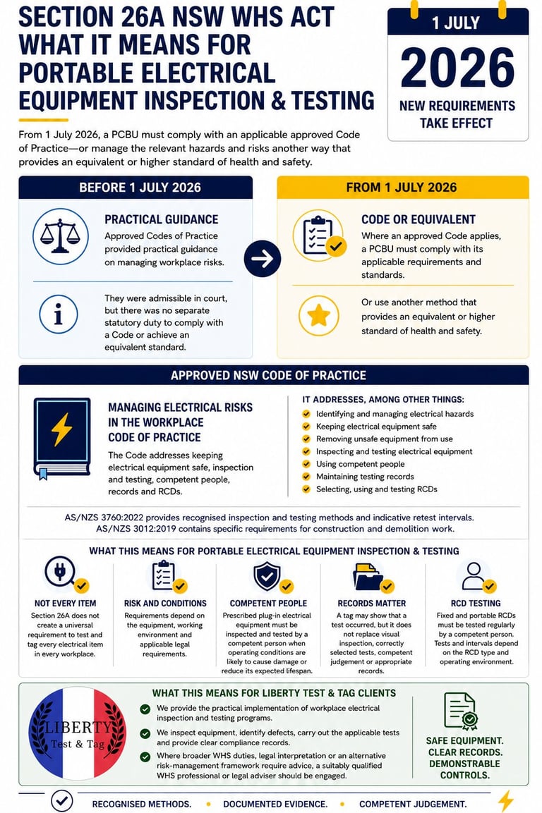Infographic explaining Section 26A NSW WHS Act requirements for portable electrical equipment inspection and testing effective July 1, 2026
