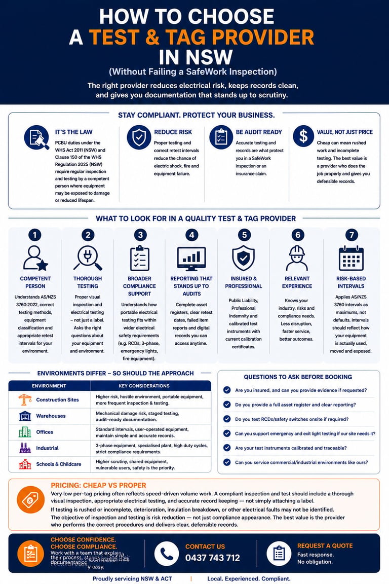 Infographic about choosing a test and tag provider in NSW, showing compliance requirements, provider qualities, environments, and pricing considerations