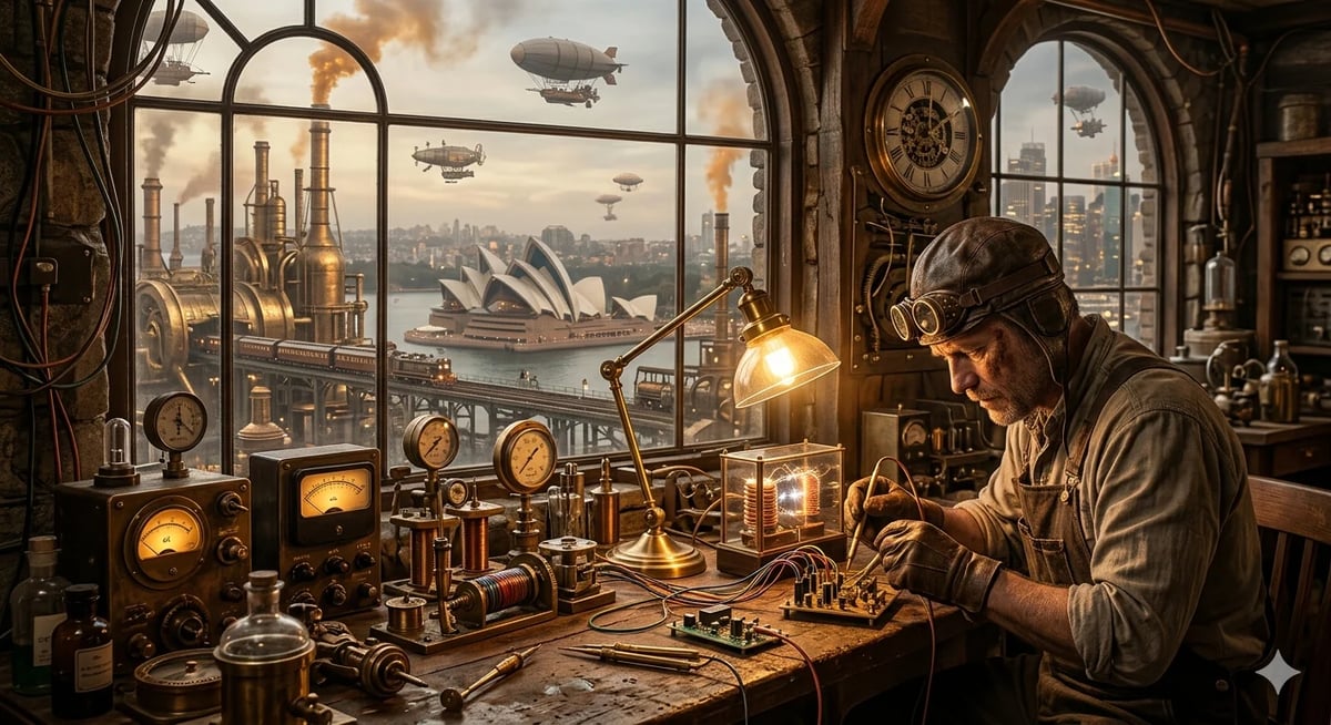 Steampunk inventor working at desk with brass instruments overlooking futuristic airship city skyline