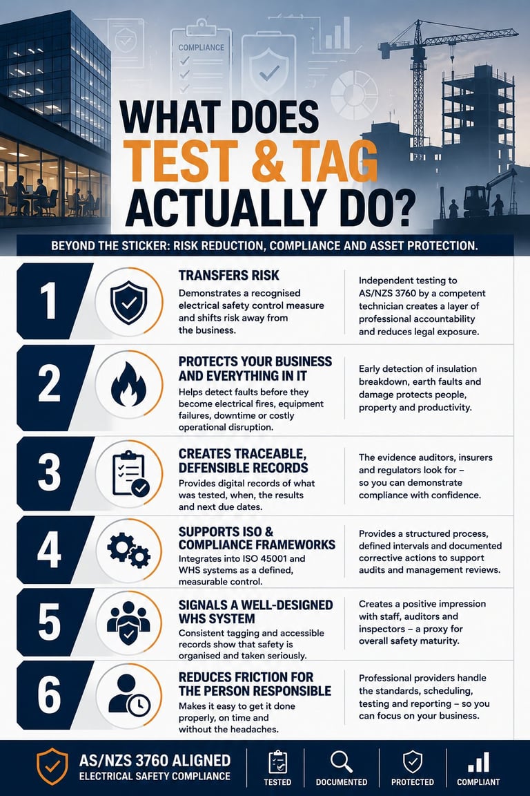 Infographic explaining 6 key benefits of Test and Tag compliance including risk transfer, business protection, traceability, ISO frameworks, system signals, and responsibility relief