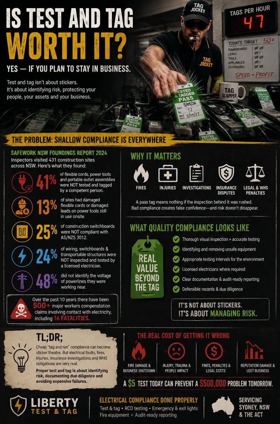 Infographic about test and tag safety compliance showing statistics on non-compliant equipment and risks in construction sites.