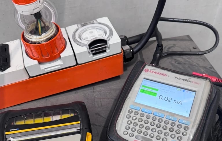 Laboratory equipment including a red and white blender, digital measuring device, and testing apparatus on gray surface