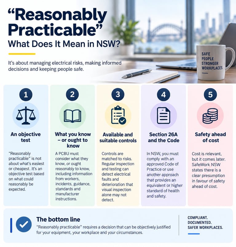 Infographic explaining Reasonably Practicable in NSW electrical safety, showing 5 key elements: objective test, knowledge, available controls, Section 26A compliance, and cost considerations.