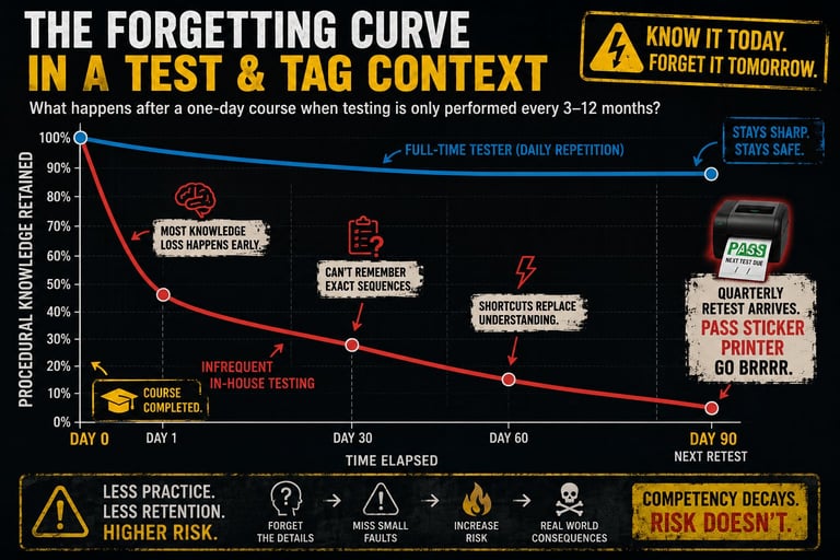Graph showing the forgetting curve in testing contexts, demonstrating how knowledge retention declines over time without practice, with timeline and key intervention points marked