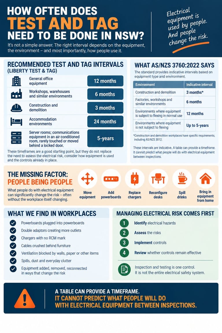 Infographic about electrical equipment test and tag frequency recommendations, intervals by location, workplace hazards, and safety management steps.