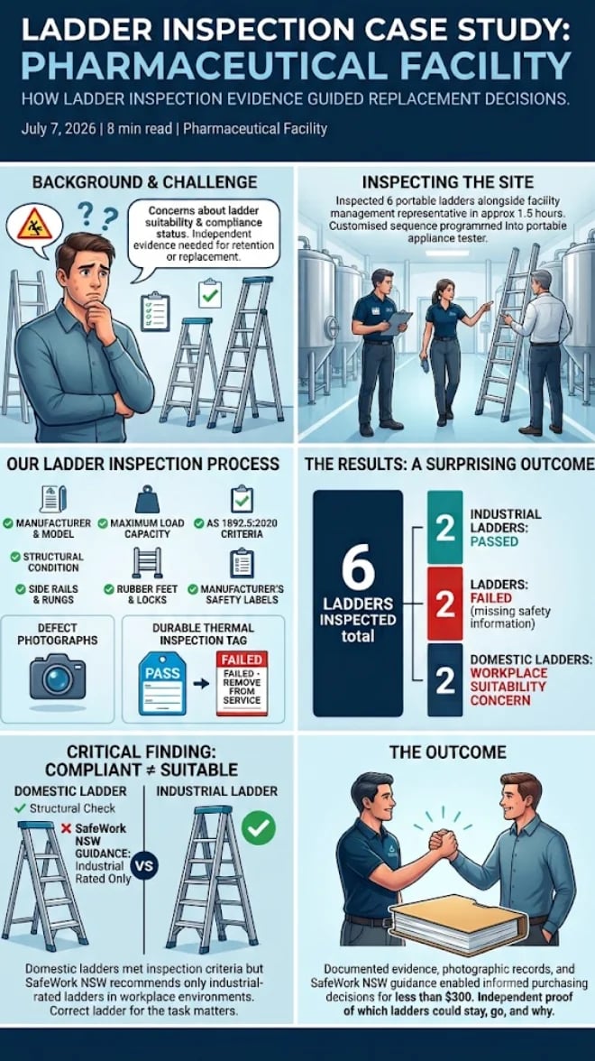 Ladder inspection case study for pharmaceutical facility showing process, results of 6 ladders inspected with 2 passed and 2 failed, and recommendations for industrial-rated ladders.