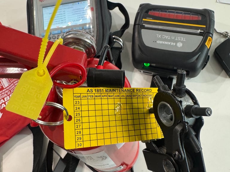 AS 1851 maintenance record chart attached with yellow tag to red equipment alongside digital meter and cables