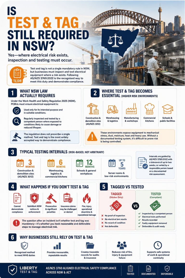 Infographic explaining electrical test and tag requirements in NSW, featuring Sydney Harbour Bridge and detailing NSW laws, testing locations, intervals, and compliance information.