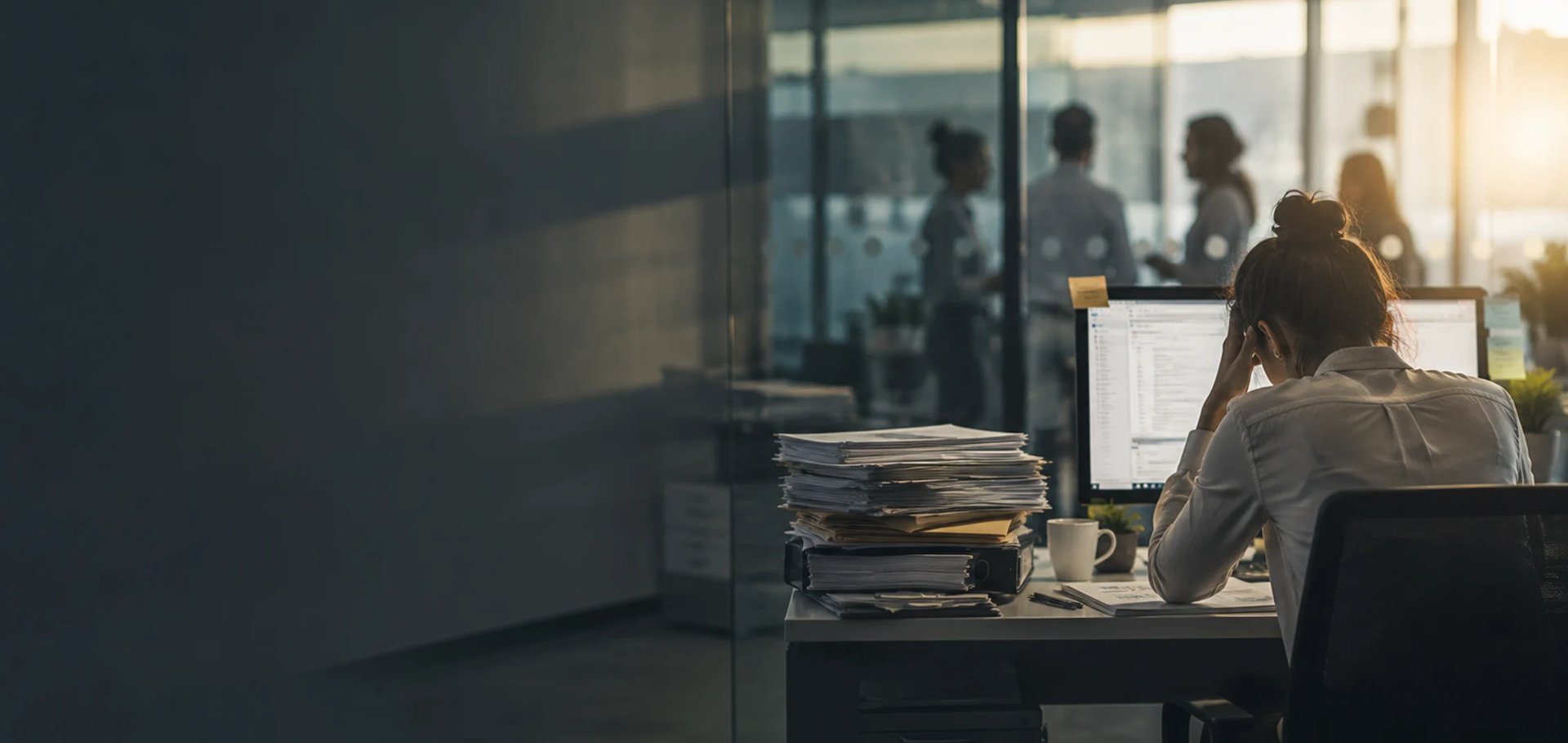 Office worker at desk with stacked papers and computer, colleagues visible through glass windows in background
