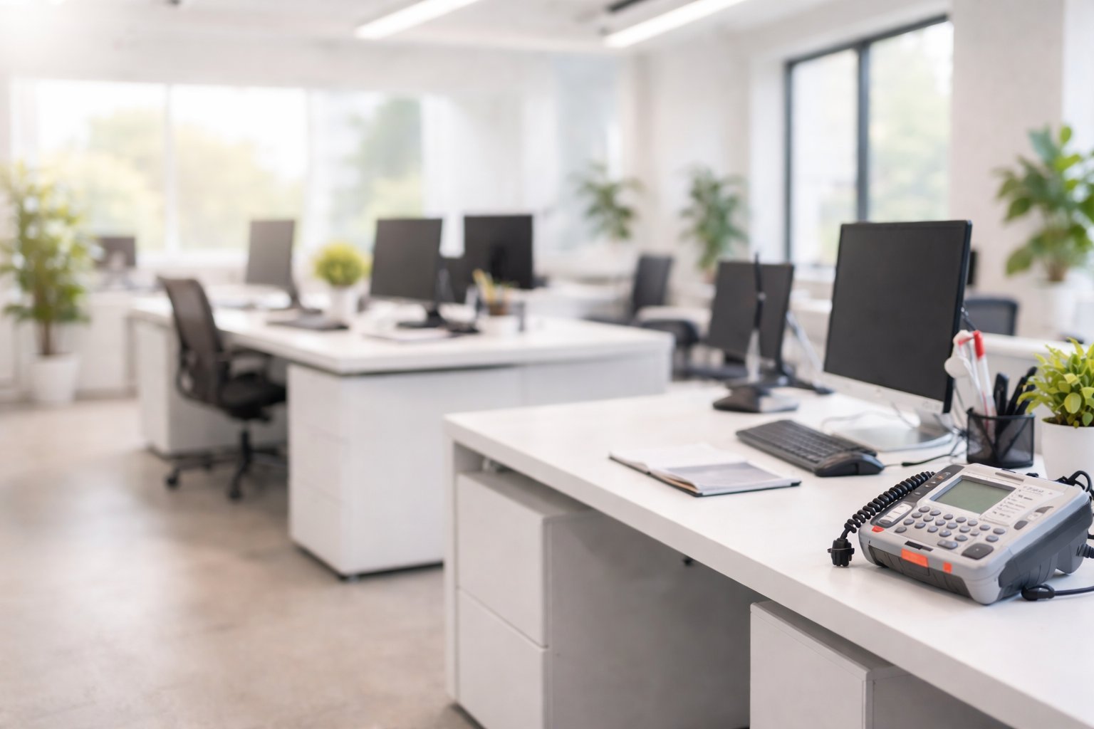 Modern open office workspace with white desks, desktop computers, office chairs, and green potted plants throughout the bright, well-lit room
