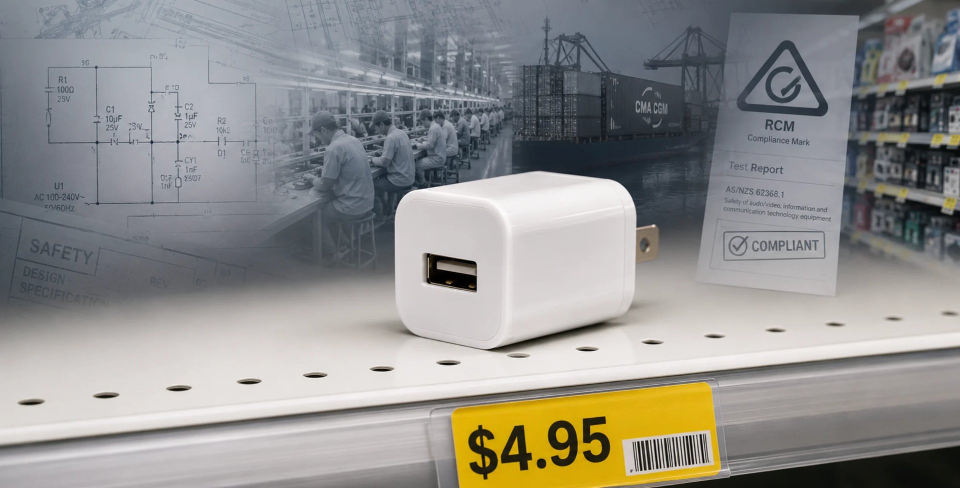 White USB power adapter on store shelf with $4.95 price tag and industrial manufacturing background