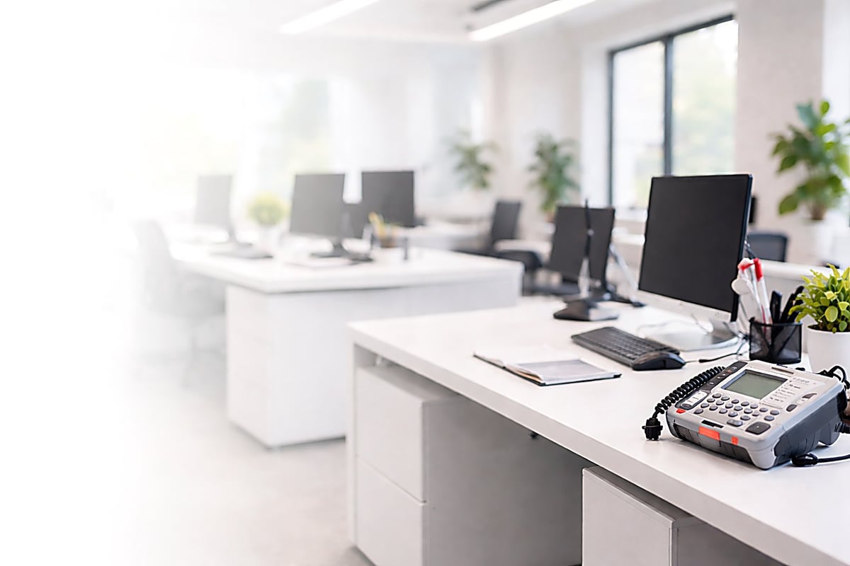 Modern office workspace with white desk, computer monitor, phone, and small plant, bright windows in background