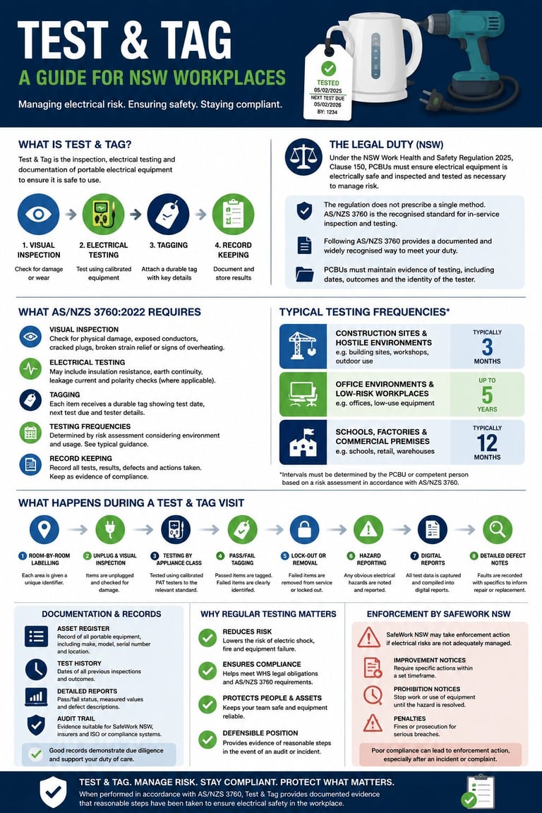 Infographic guide for NSW workplace electrical testing and tagging requirements, including legal duties, testing frequencies, and compliance procedures.
