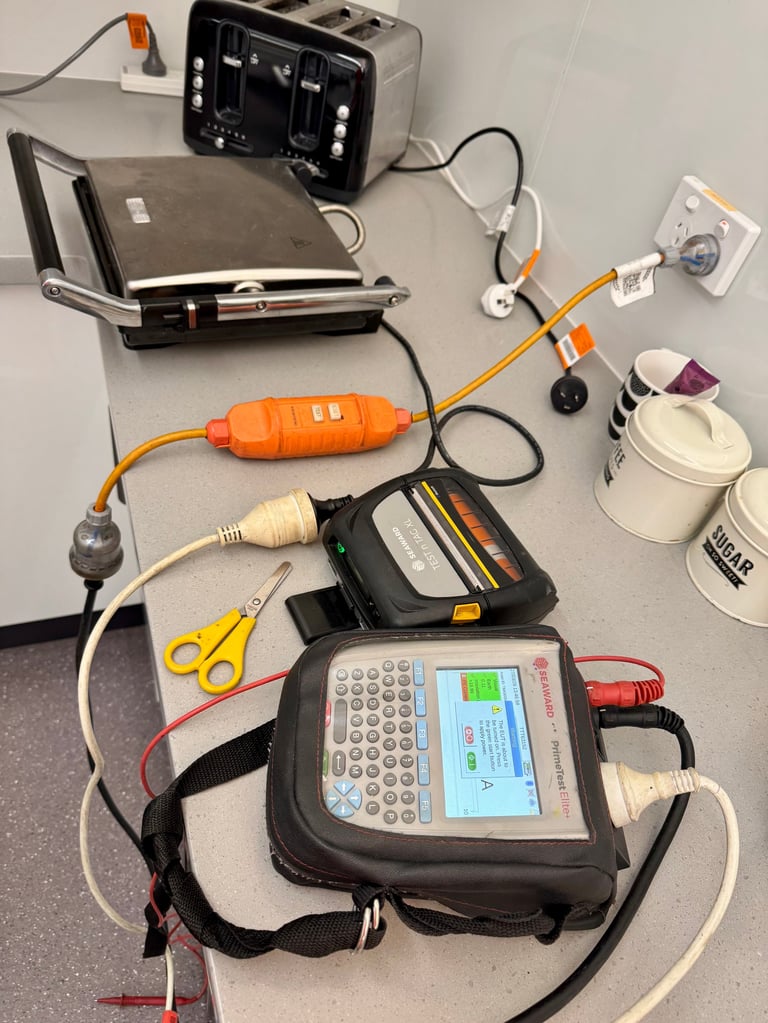 Lab workstation with electronic testing equipment including multimeter, power supply unit, circuit tester, and various cables and tools arranged on a table