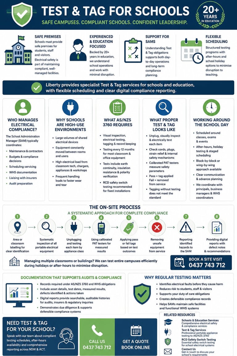 Infographic about Test & Tag for Schools services, featuring compliance procedures, on-site testing process, and contact information for 20+ years of service.