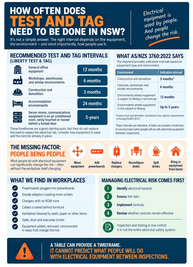 Infographic on electrical equipment test and tag frequency requirements in NSW, showing recommended intervals and standards for workplace electrical safety.