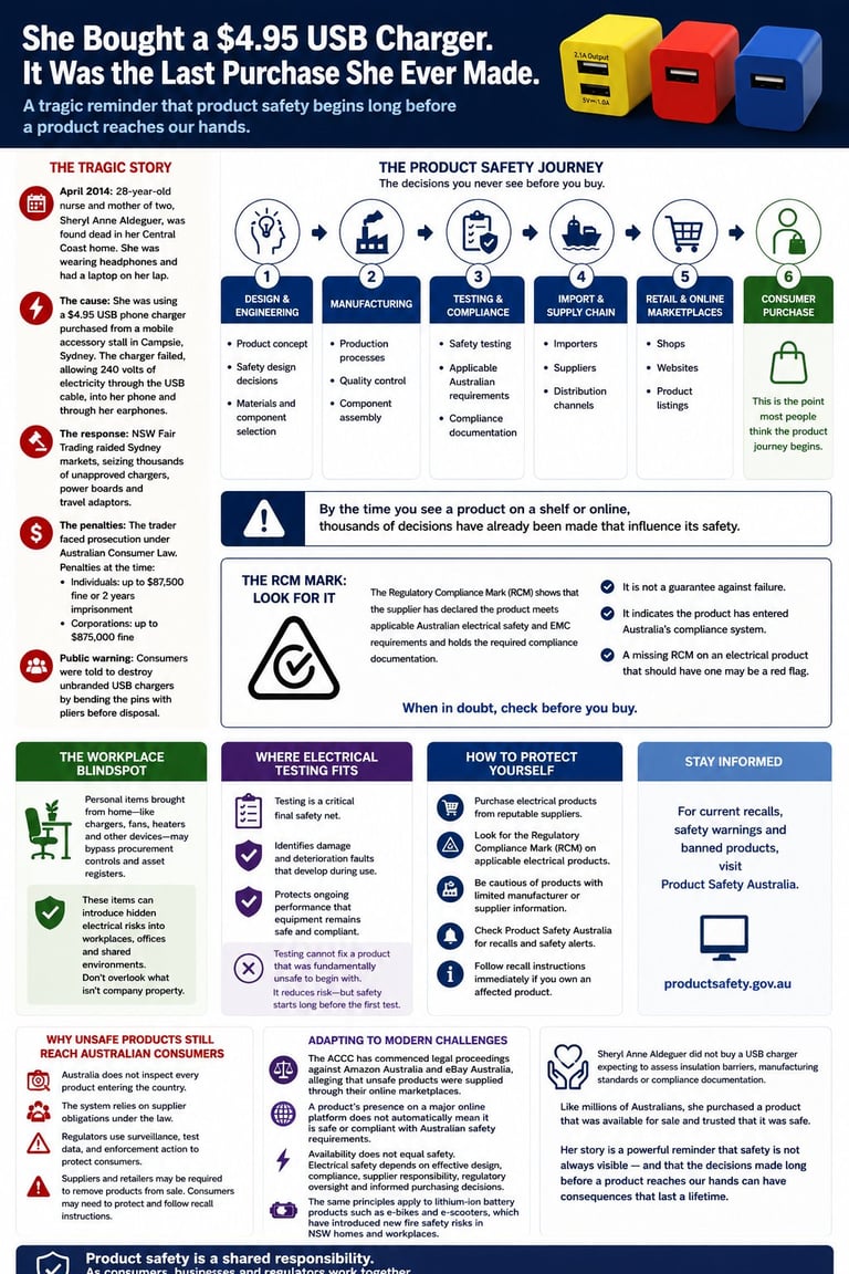 Infographic about USB charger product safety warning, showing the tragic story, safety journey from design to consumer, and how to identify unsafe products