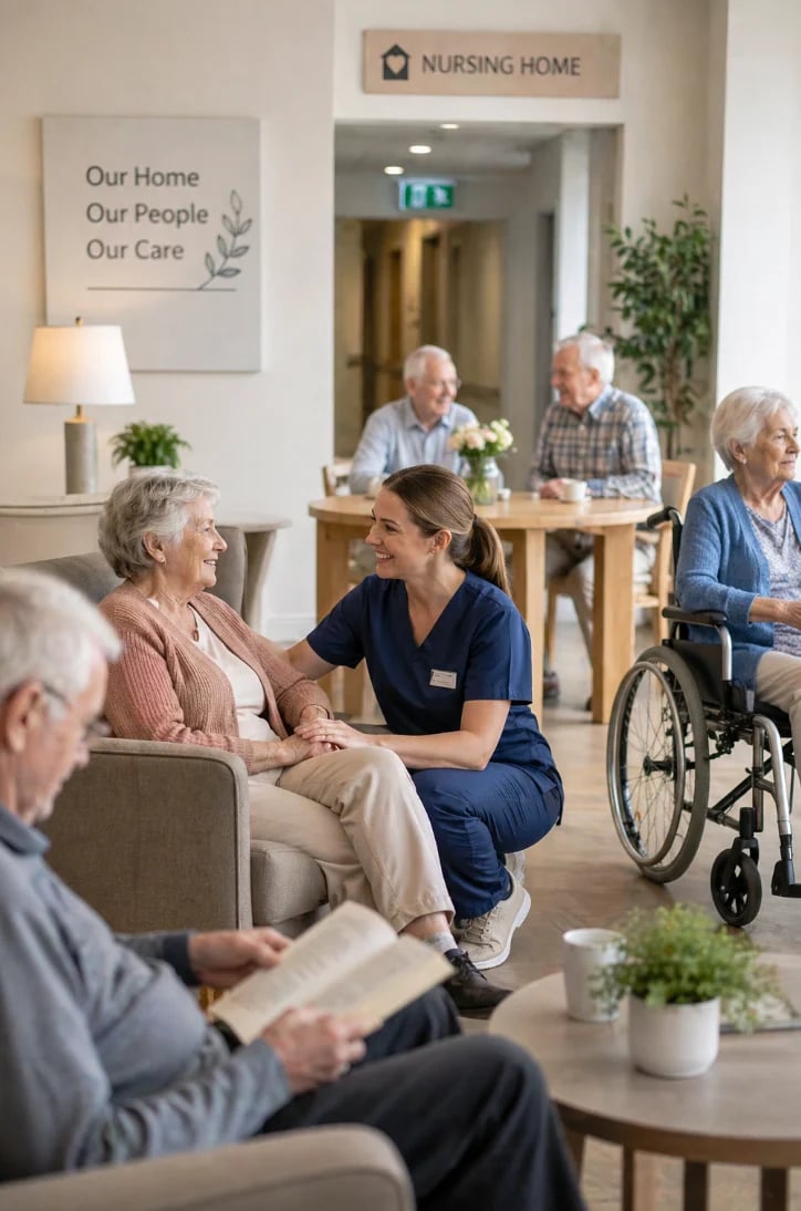Caregiver in blue uniform speaking with elderly woman in nursing home common area with residents in background