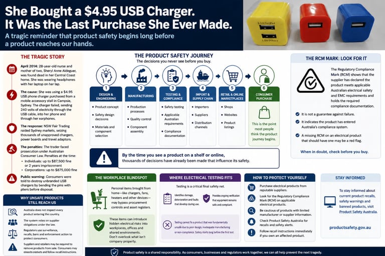 Infographic about a dangerous USB charger purchase, showing the trade story, product safety journey, and recall information with warning details