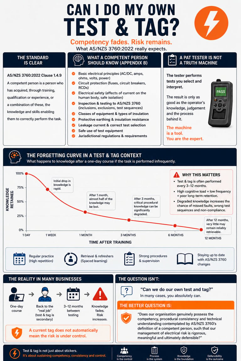 Infographic explaining electrical test and tag compliance requirements, competency standards, and the forgetting curve in training effectiveness.