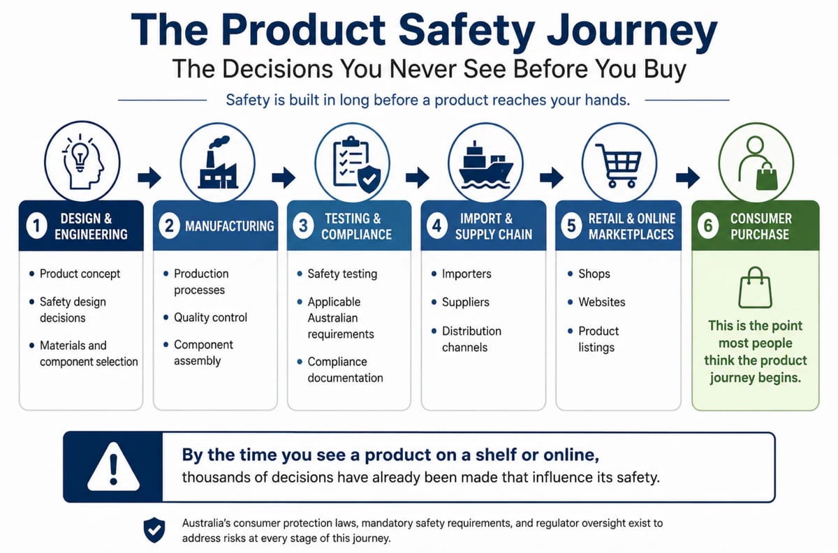 Infographic showing six stages of product safety journey from design to consumer purchase, with icons and descriptions for each phase
