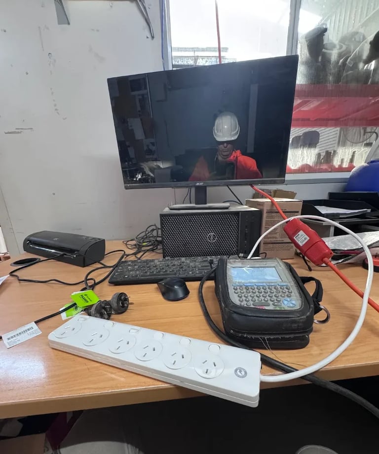 Cluttered computer desk setup with monitor, keyboard, mouse, speakers, testing equipment, and cables against industrial backdrop