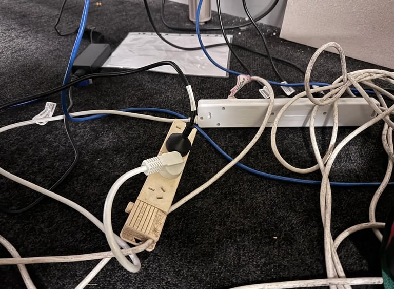 Tangled white and blue electrical cords and power strips on dark carpeted floor